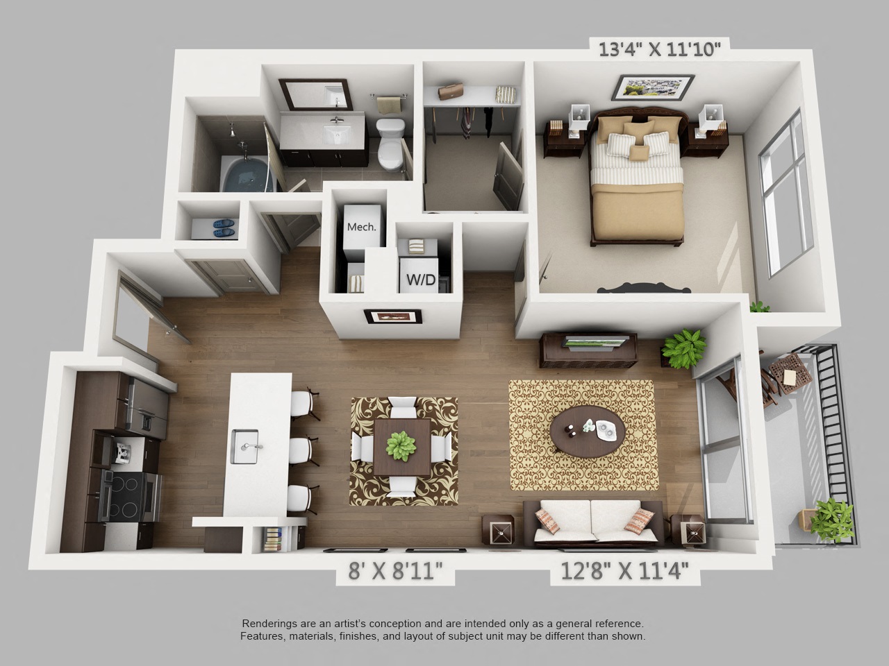 Floor plan for 1 bed, 1 bath, 740 sqft